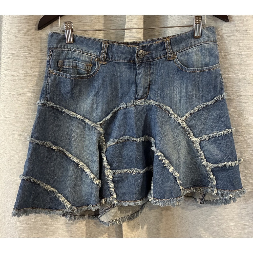 Y2K C & V Swirly Denim Skirt‎ Distressed Raw Hem Festival Rave Size Small